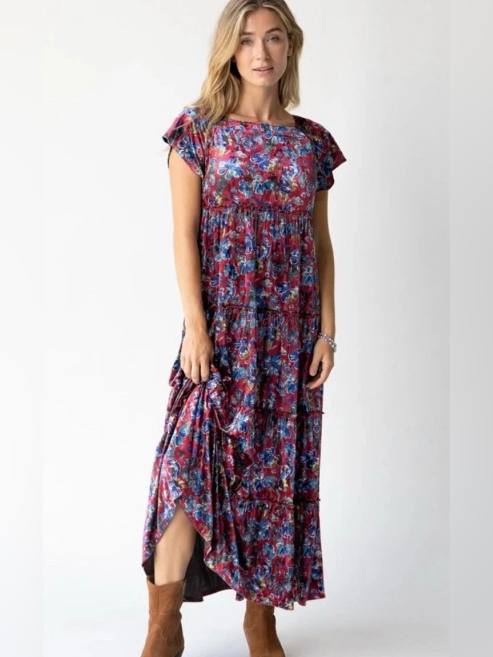 Natural Life Berkley Velvet Maxi Dress Red Blue Tiered Floral Women's L - Picture 2 of 8